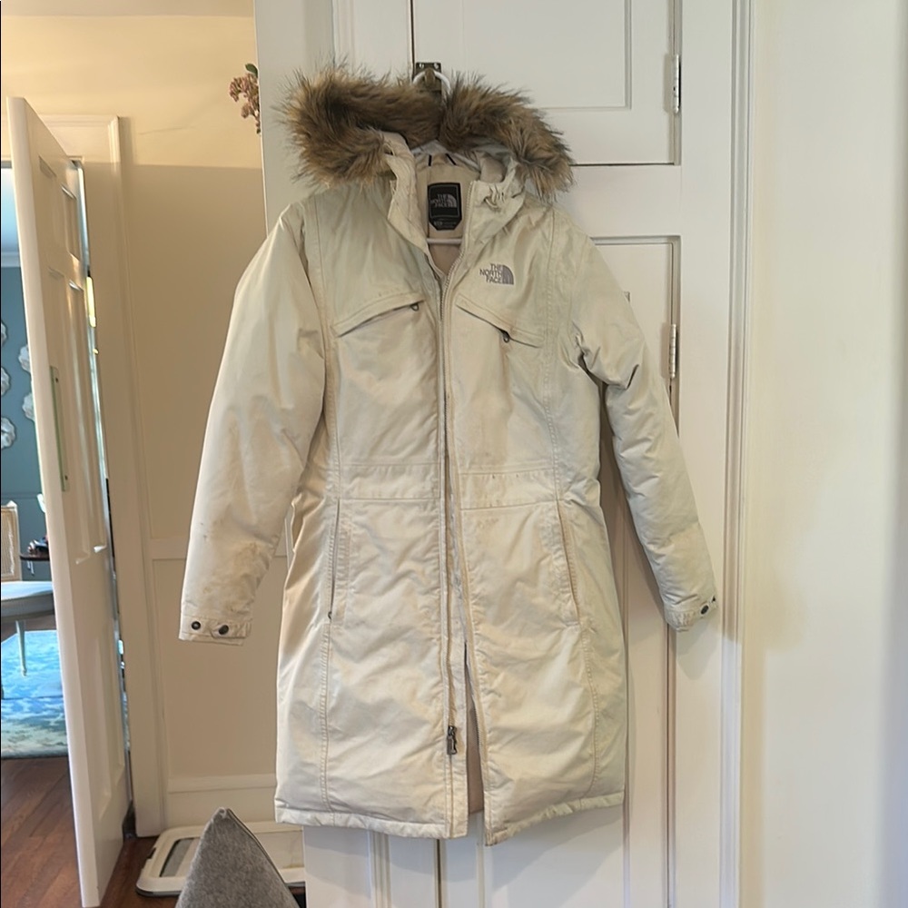 The North Face Cream Ski Jacket with Fur-Trimmed Hood